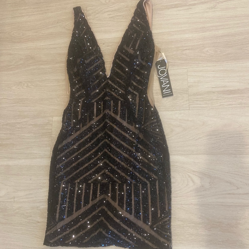 Jovani Black Sequin Cocktail Dress Short Mesh Cut Out Sides